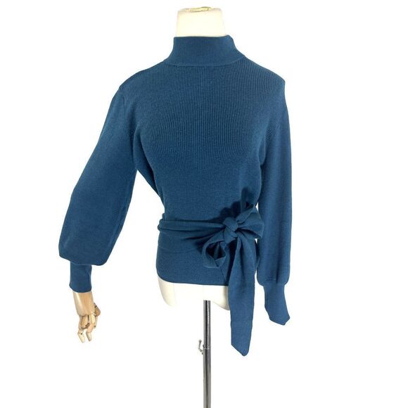 NWT Ryegrass Womens Large Teal Sweater Mock Neck Open Back Tie Button - Picture 3 of 16